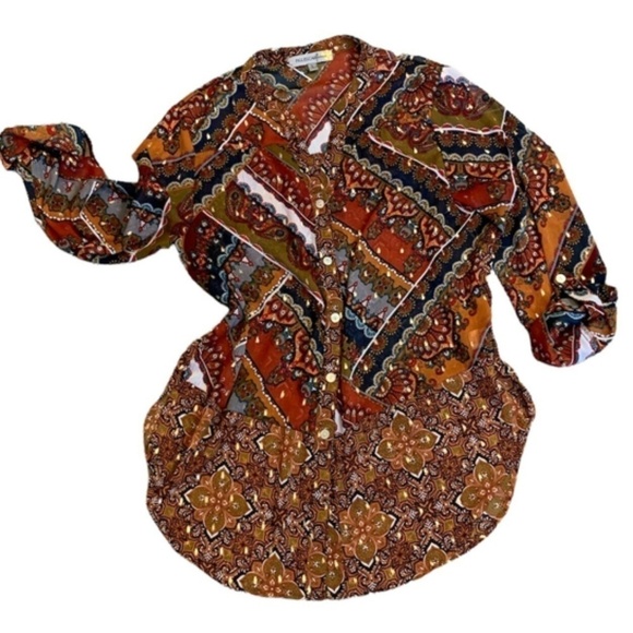 Figueroa & Flower Sheer BOHO Button Front Tunic Blouse Sz L Gold Accents #256L - Picture 4 of 7